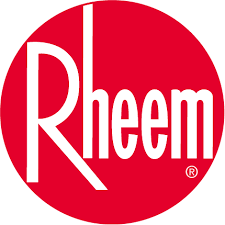 The Rheem logo with white writing on a red circle background.